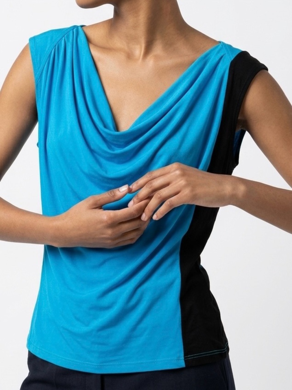 DEREK LAM Colorblock Cowl Neck Draped Silk-Blend Blouse Blue Black - Size M